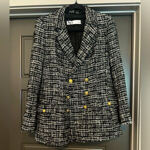 NEW ZARA Double-Breasted Textured Tweed Coat in Black White Metallic Jacket S